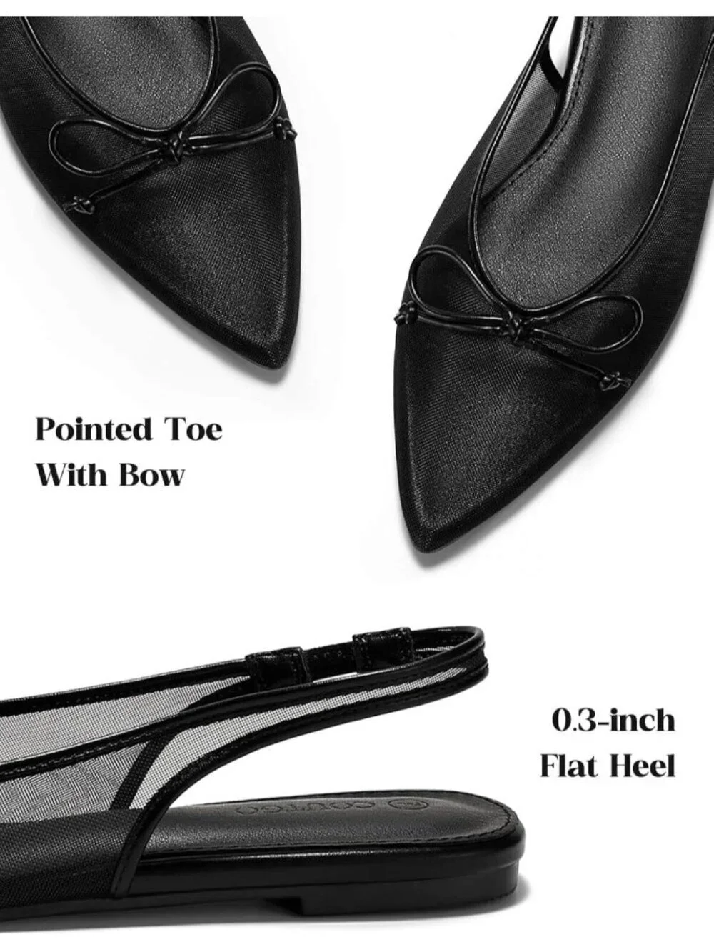 Women's Black Slingback Flats Bow Closed Pointed Toe Mesh Ballet Flats Low Heel